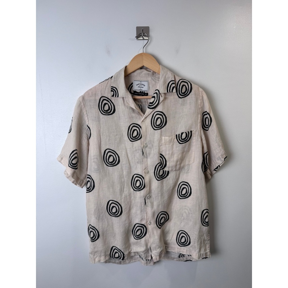 Portuguese Flannel Men Beige Abstract Swirl Print Linen Button Down Shirt Small
